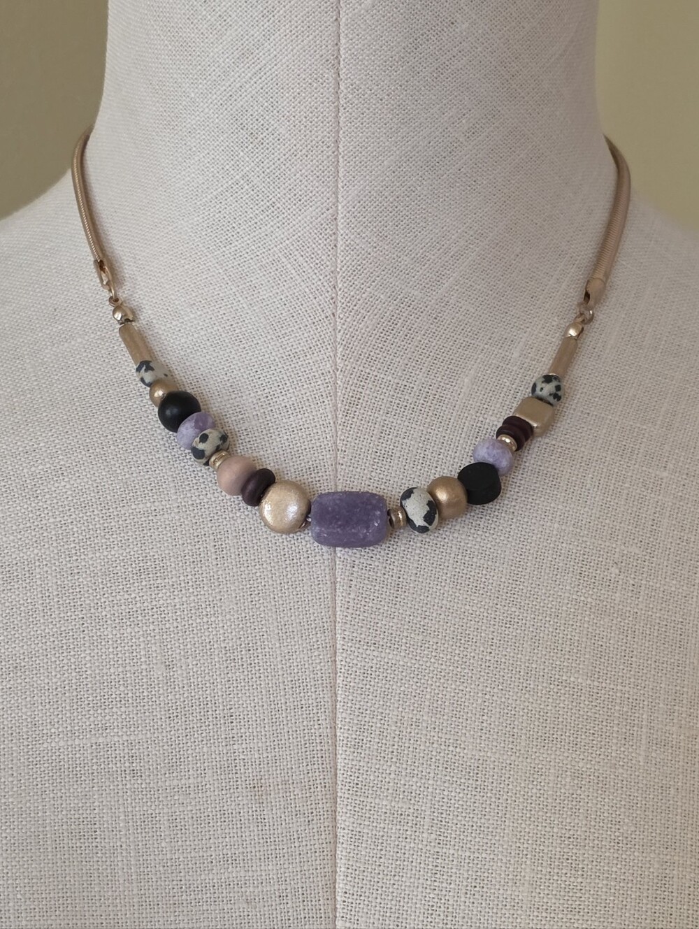 Semi Precious Stone Necklace Multi-Bead Lepedolite Dalmation Jasper Snake Chain
